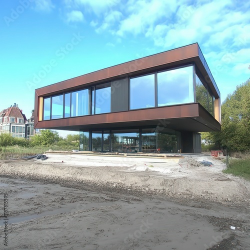 A modern house with sleek architecture, large glass windows, and a minimalist exterior stands under a bright blue sky, reflecting sunlight in its elegant design