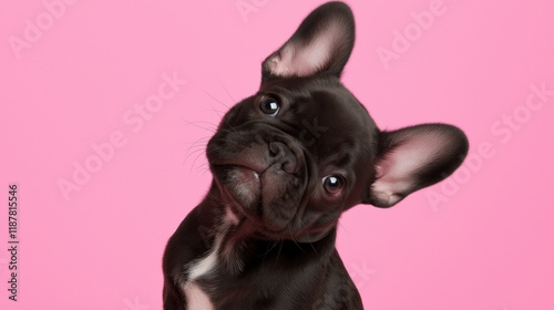 Adorable french bulldog puppy with head tilt on pink background for pet photography