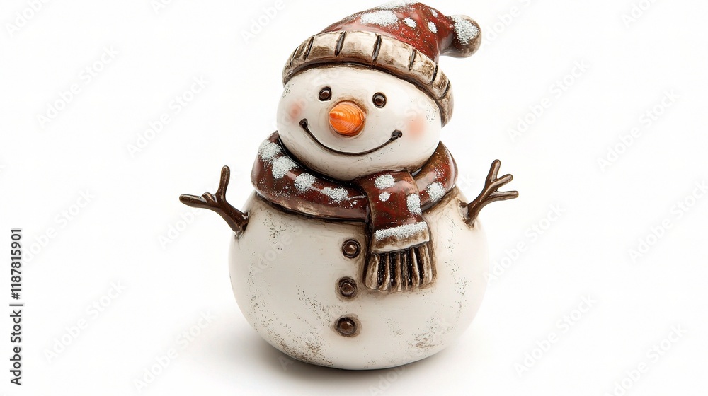 Charming Isolated Snowman Figurine with Joyful Expression and Details Charming Isolated Snowman Figurine with Joyful Expression and Details