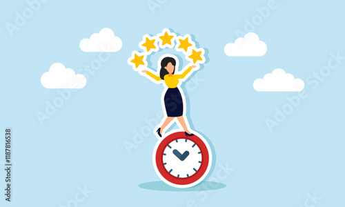 A businesswoman balances on a clock while juggling lights, illustration of a timeline in applying a business quality improvement strategy