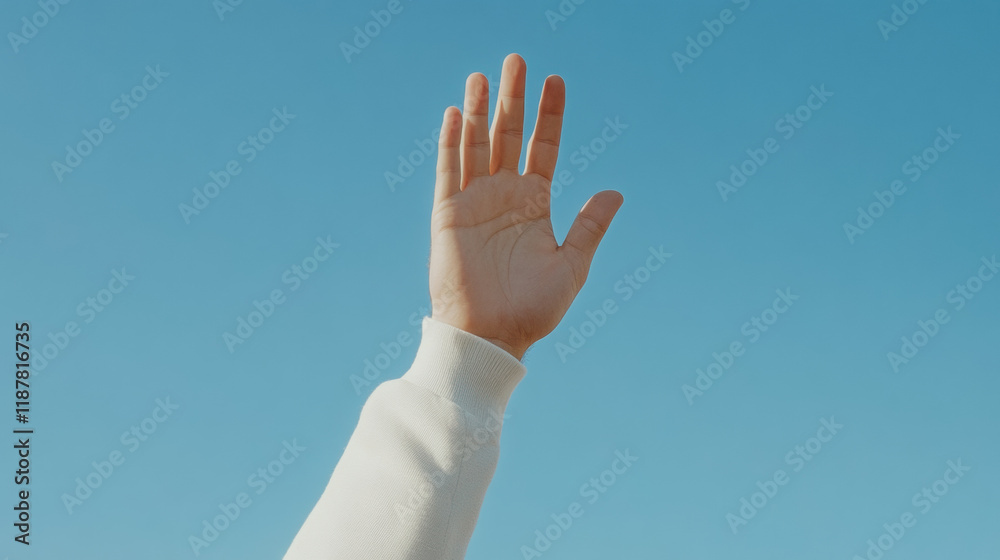 A hand raised towards a clear blue sky, symbolizing hope and aspiration, with a soft light illuminating the scene. A hand raised towards a clear blue sky, symbolizing hope and aspiration, with a soft light illuminating the scene.