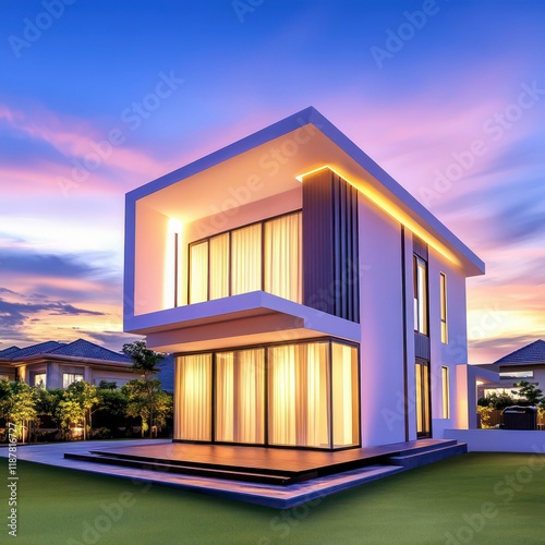 The exterior of the structure showcases vibrant colors and geometric precision. Blue glass windows mirror the sky, enhancing the building’s contemporary and artistic design