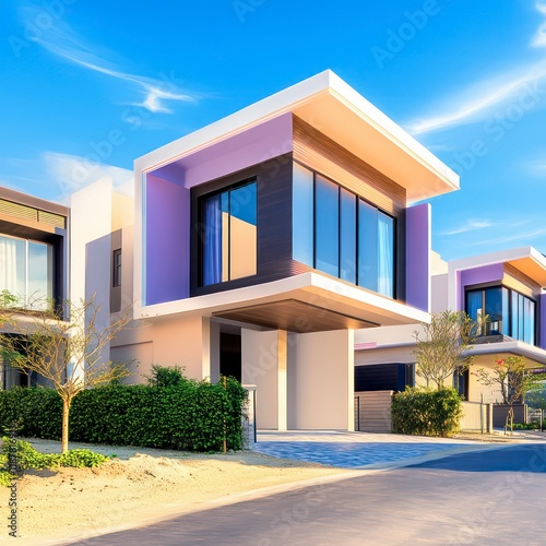 The exterior of the structure showcases vibrant colors and geometric precision. Blue glass windows mirror the sky, enhancing the building’s contemporary and artistic design