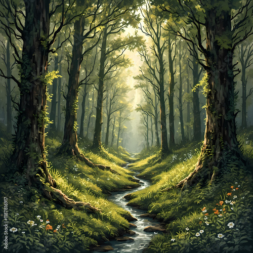 Morning sunlight filters through dense foliage, creating patterns on the lush forest floor. Tall trees line a clear, small stream, with the sound of flowing water enhancing the calm atmosphere photo