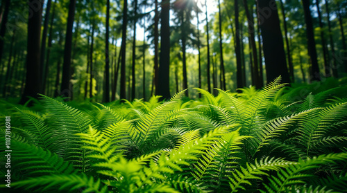 A forest scene with vibrant green ferns growing on the forest floor, surrounded by tall trees with soft sunlight filtering through the canopy above. The ferns create a lush, rich foreground, with soft