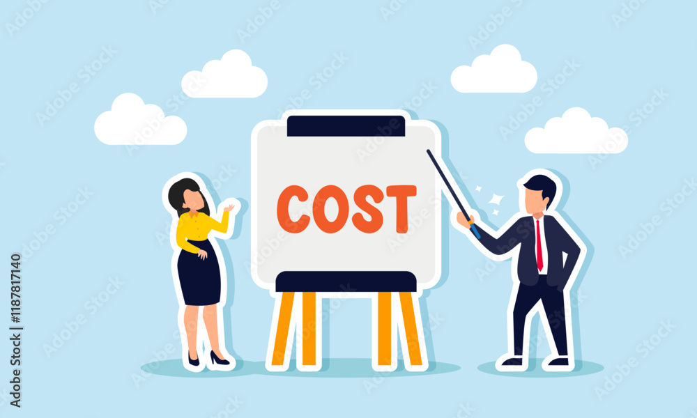 Obraz premium A businessman holding a stick explaining the COST on a whiteboard to a businesswoman, illustration of education on business cost details