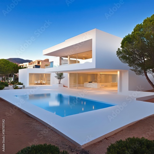 A grand villa with elegant architecture, featuring a serene garden, a crystal-clear pool, and tall trees, all beneath a breathtaking sky of endless blue