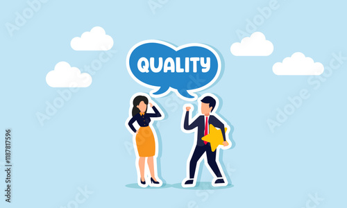A businessman holding a star and a businesswoman sharing about quality, illustration of exchanging thoughts on ideas and strategies to improve business product quality