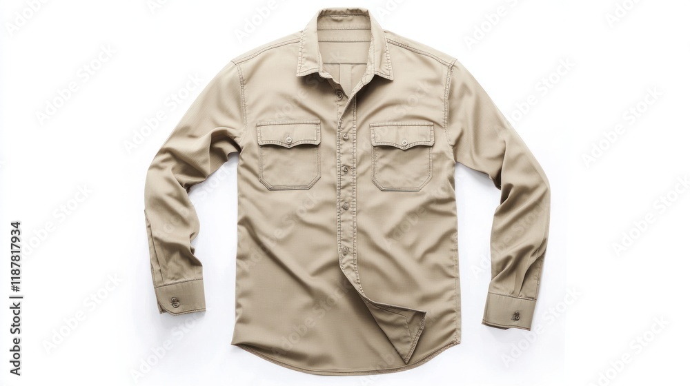 Naklejka premium Beige Long Sleeve Shirt, Men's Fashion Apparel, Casual Style, Studio Shot