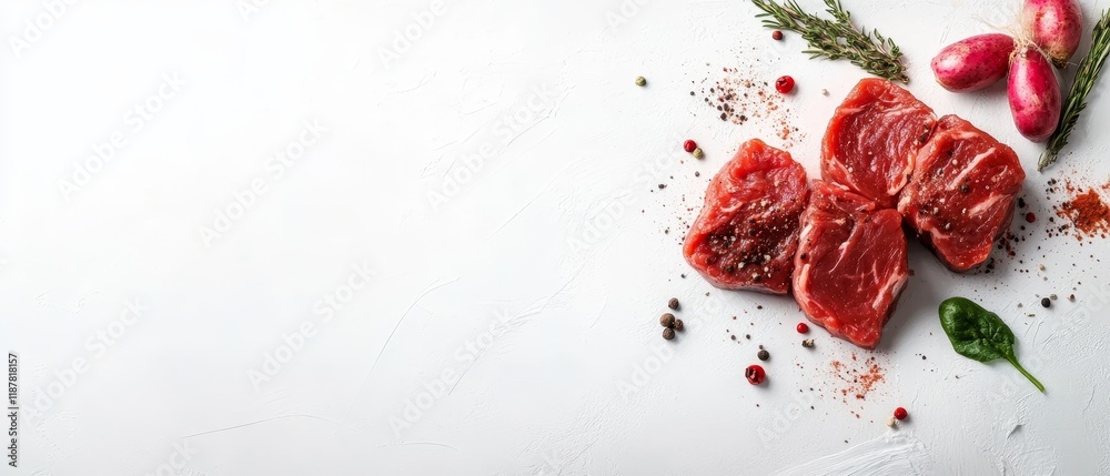 Raw beef steaks with spices and herbs on white background. Raw beef steaks with spices and herbs on white background.