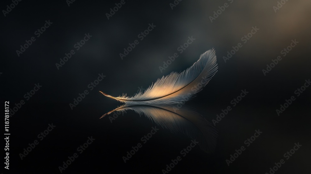 Floating feather, dark background, sunset reflection, serenity, website banner Floating feather, dark background, sunset reflection, serenity, website banner