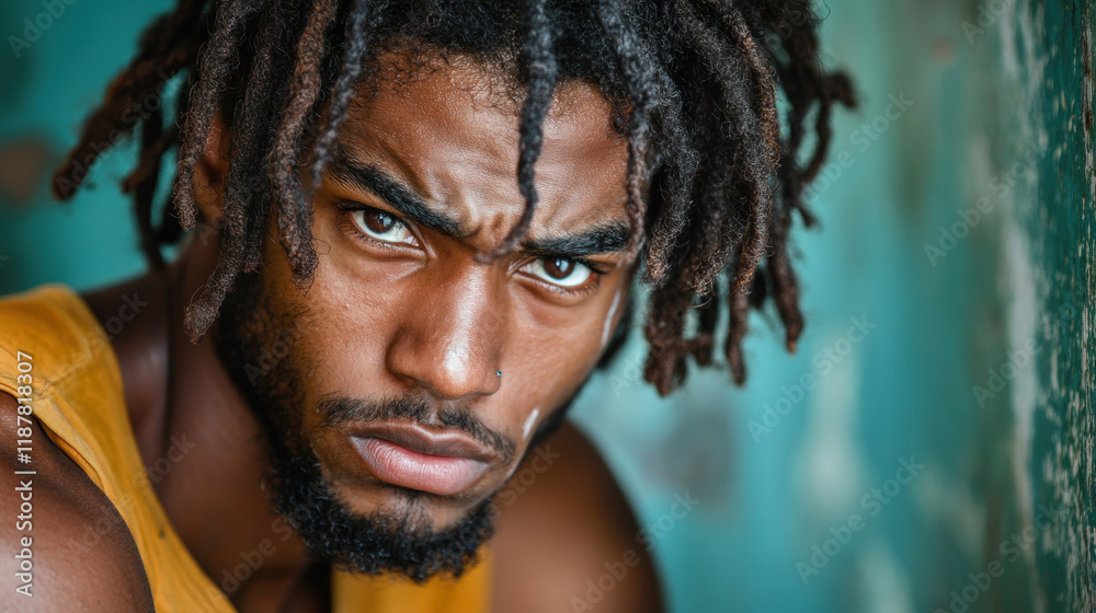 Intense portrait of a young man with dreadlocks, showcasing a piercing gaze and strong facial expression against a textured background. Intense portrait of a young man with dreadlocks, showcasing a piercing gaze and strong facial expression against a textured background.