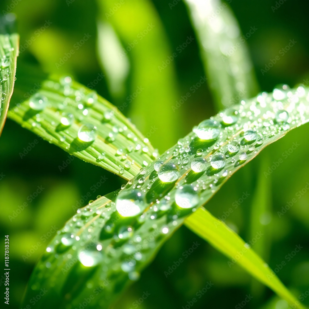 Naklejka premium A close-up macro shot of dew-covered green leaves, glistening in the early morning light. The droplets reflect the soft sunlight, creating a sparkling effect, with a soft, blurred green background. Th