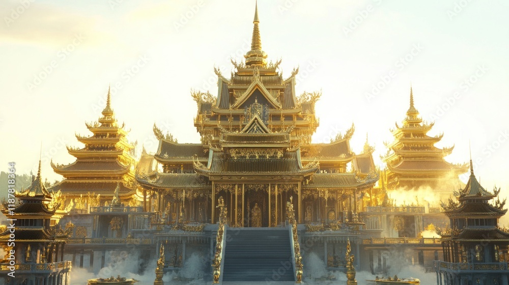 Fototapeta premium 3D animated exterior of the Golden Palace, showcasing intricate tiered roofs, ornate spires, and golden textures, set against a plain white background