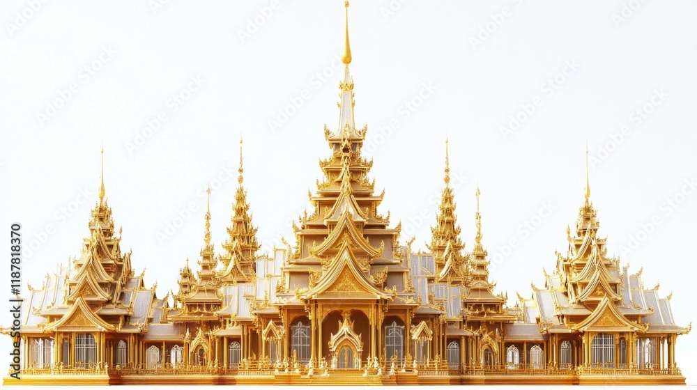 Fototapeta premium 3D animated exterior of the Golden Palace, showcasing intricate tiered roofs, ornate spires, and golden textures, set against a plain white background