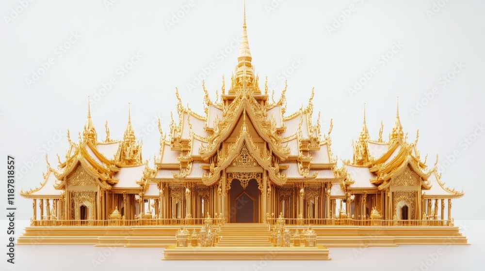 3D animated Golden Palace with tiered roofs, symmetrical spires, and golden facades, showcased on a minimalist white backdrop 3D animated Golden Palace with tiered roofs, symmetrical spires, and golden facades, showcased on a minimalist white backdrop