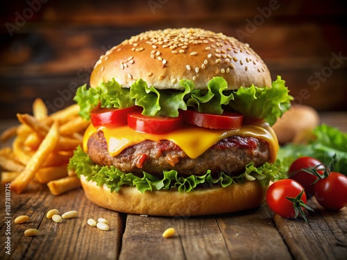 Juicy Gourmet Burger with Crispy Fries - Top View Stock Photo photo