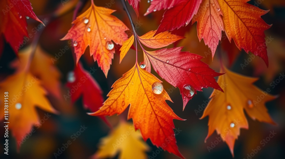 Close-up of vibrant autumn leaves with deep red, orange, and yellow colors, covered in morning dew. Close-up of vibrant autumn leaves with deep red, orange, and yellow colors, covered in morning dew.