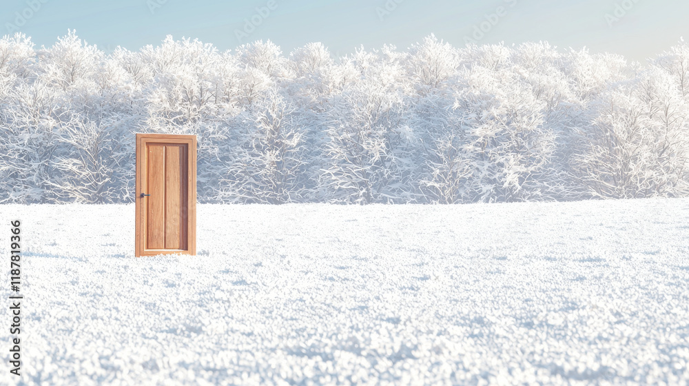 solitary wooden door stands serene snowy landscape, surrounded by frost covered trees, evoking sense of mystery and solitary wooden door stands serene snowy landscape, surrounded by frost covered trees, evoking sense of mystery and
