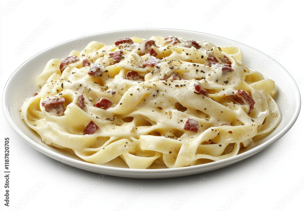 Delicious creamy fettuccine pasta topped with crispy bacon bits and black pepper on a white plate, perfect for gourmet dining and culinary presentations. Delicious creamy fettuccine pasta topped with crispy bacon bits and black pepper on a white plate, perfect for gourmet dining and culinary presentations.