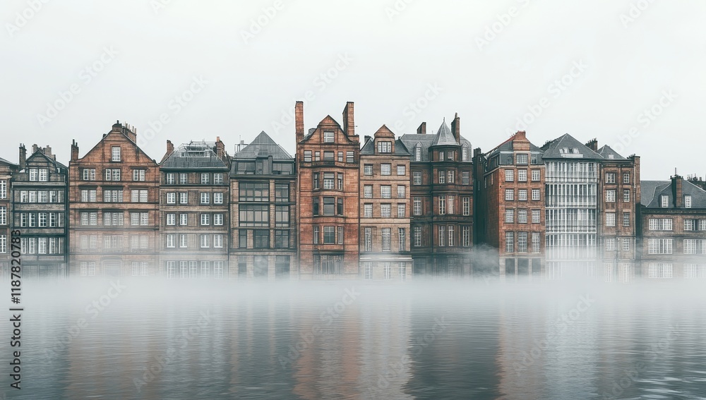 Naklejka premium Foggy waterfront with historic buildings reflecting in calm water.