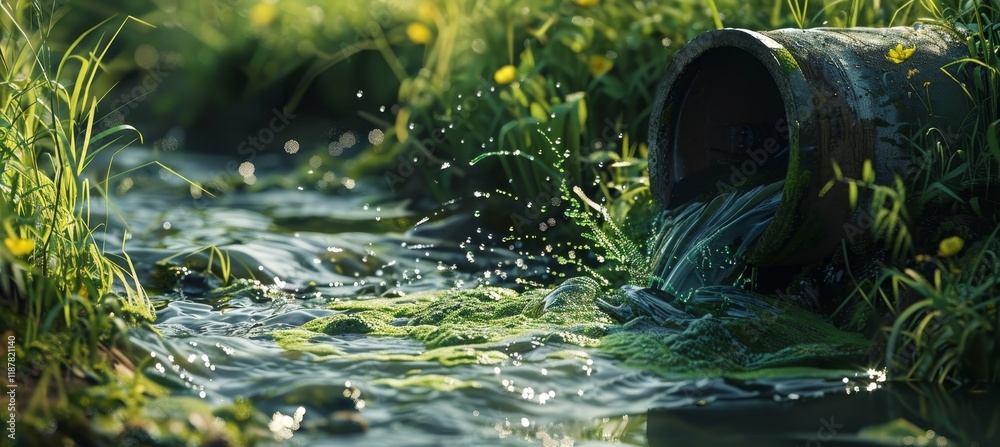 Serene stream flowing from pipe with lush greenery and sunlit background Serene stream flowing from pipe with lush greenery and sunlit background