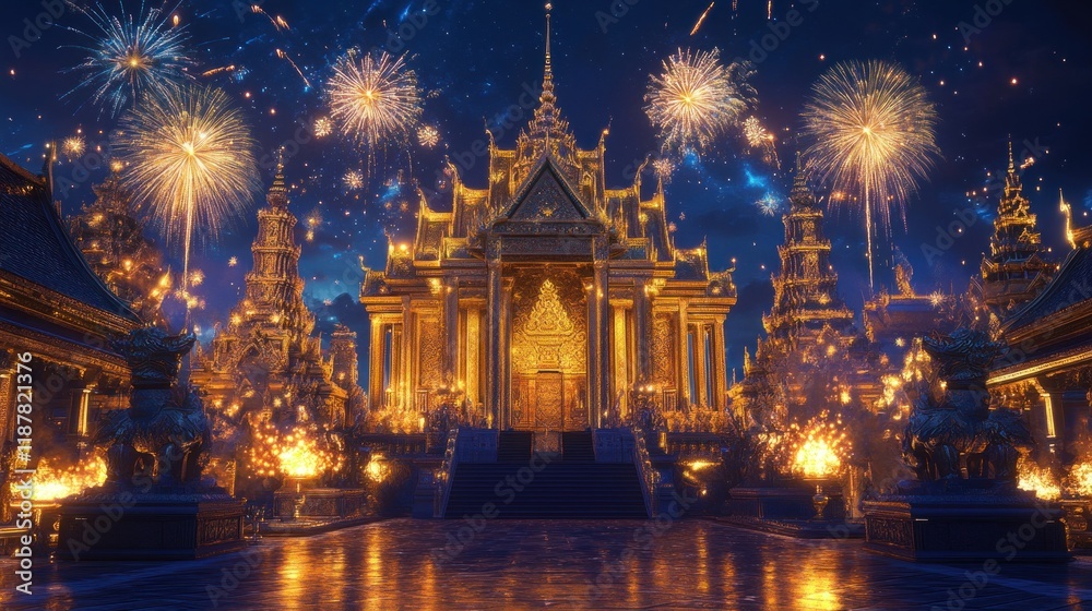 Naklejka premium A magical Thai temple stage featuring gold and blue tones, vivid fireworks lighting the night sky, and intricate designs in stunning 8K resolution