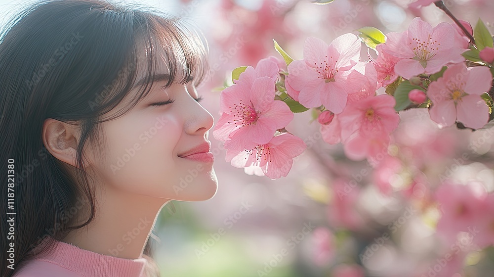 Woman smelling cherry blossoms in a park during spring. Woman smelling cherry blossoms in a park during spring.