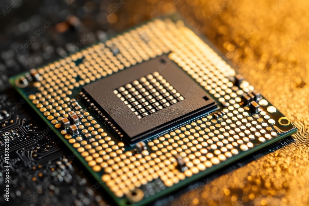 Close-up View of a Modern Microprocessor Chip on Circuit Board with Glowing Orange Background Enhancing Technological Aesthetics and Intricate Details Close-up View of a Modern Microprocessor Chip on Circuit Board with Glowing Orange Background Enhancing Technological Aesthetics and Intricate Details