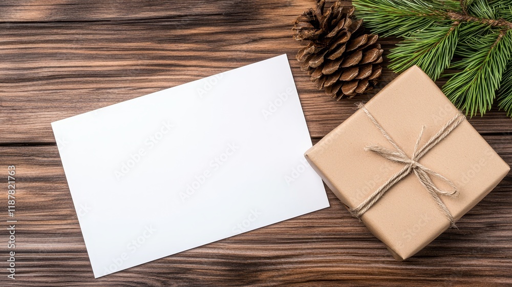 A blank card beside a wrapped gift and pinecone on a wooden surface, suggesting a festive theme. A blank card beside a wrapped gift and pinecone on a wooden surface, suggesting a festive theme.