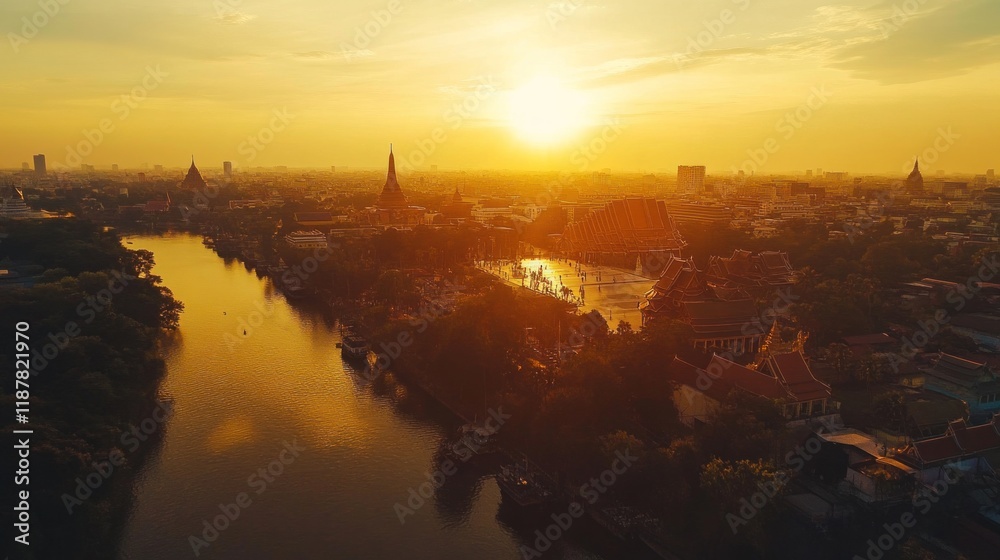 Fototapeta premium A panoramic view of Sanam Luang, Thailand, with the Grand Palace and Wat Phra Kaew visible in the background, set under the golden evening light