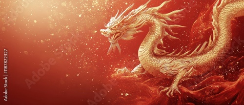 golden chinese dragon on red color background