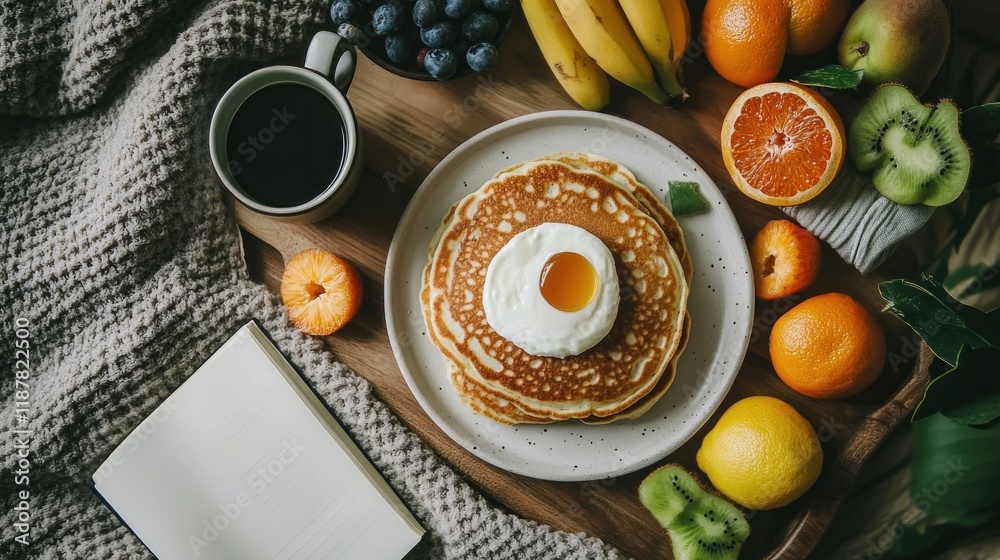 Delicious pancakes with poached egg, fresh fruit, and coffee for breakfast. Delicious pancakes with poached egg, fresh fruit, and coffee for breakfast.
