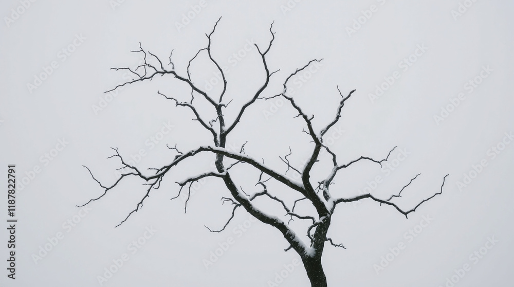 Obraz premium A bare, twisted tree covered in delicate snowflakes, set against a muted winter sky. The tree is silhouetted against the soft gray background, with snowflakes drifting gently through the air. The scen