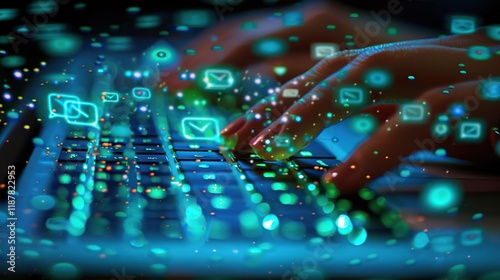 Closeup of Hands Typing with Digital Messaging and Chat Communication Graphics