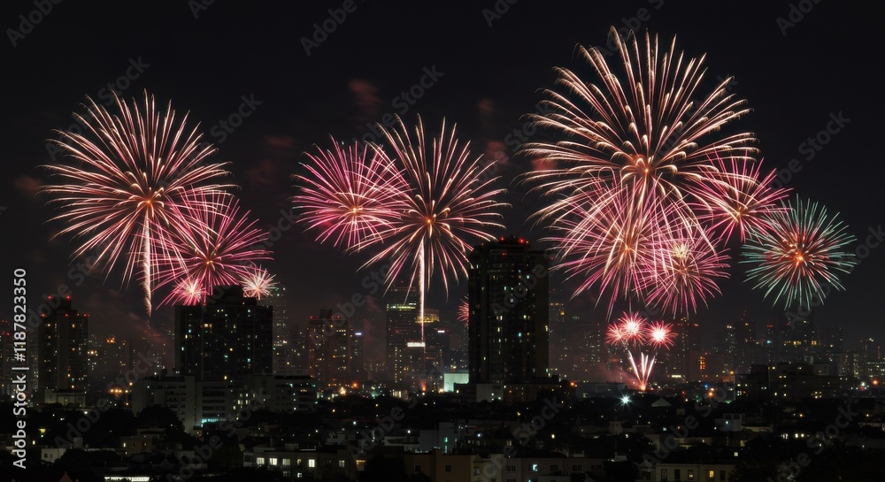 New Year Celebration Fireworks Display Over City Skyline Nighttime Urban Environment Spectacular Visuals Festive Spirit New Year Celebration Fireworks Display Over City Skyline Nighttime Urban Environment Spectacular Visuals Festive Spirit