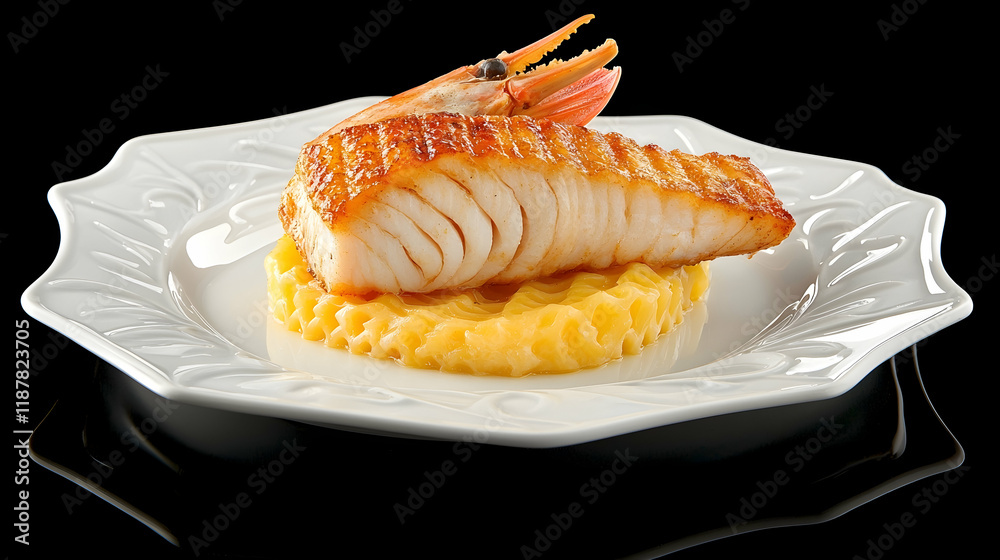 Grilled cod, prawn, polenta, gourmet meal, restaurant, black background, food photography