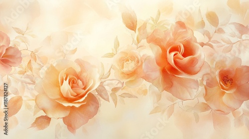 dreamy flower garland, peach and cream blooms, loose watercolor style, flowing botanical border, gentle rose illustration, soft pastel petals, organic leaf details, romantic floral composition, photo