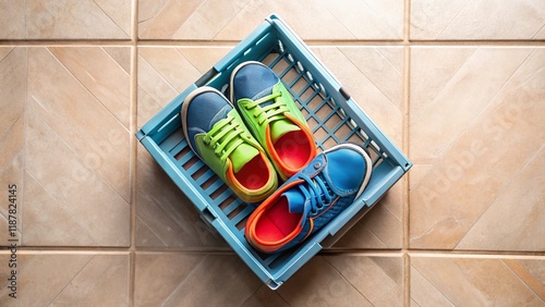 Kids' Sneakers in Storage Crate - Overhead Drone Shot on Tile photo