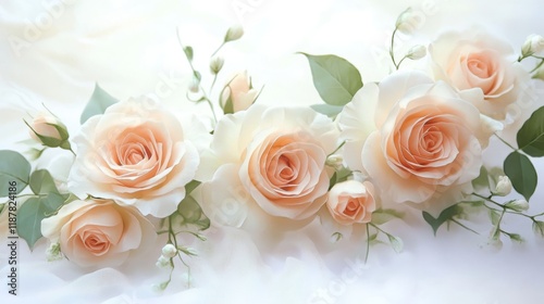 romantic watercolor border, blush peach flowers, cream rose blooms, soft botanical illustration, flowing garden elements, delicate floral composition, ethereal petal details, natural green foliage,