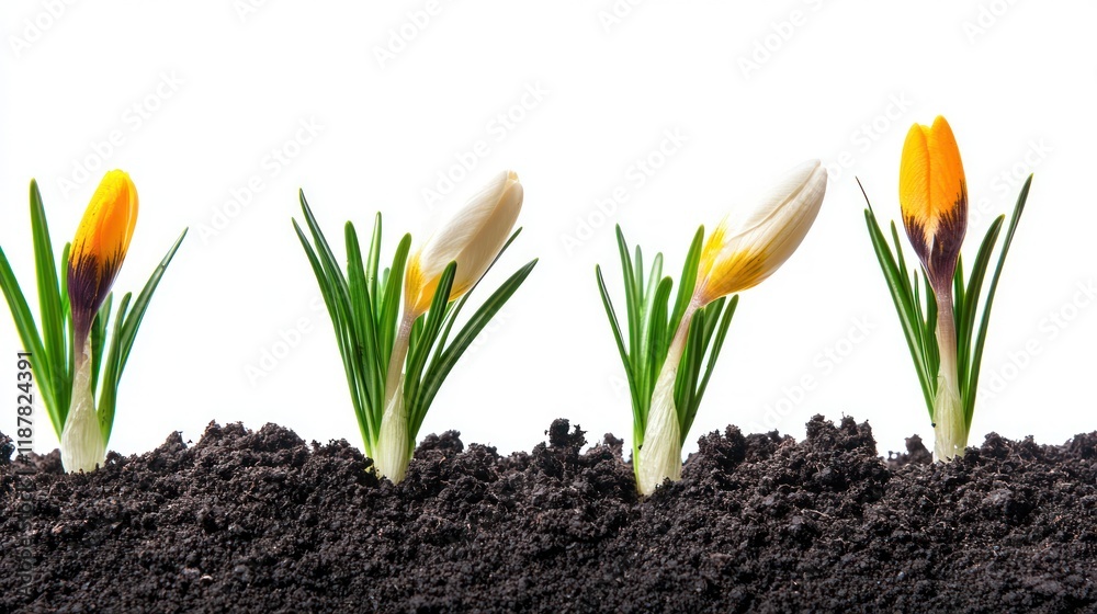 Vibrant Crocus Flowers Emerging from Rich Soil Spring Growth Nature Photography Vibrant Crocus Flowers Emerging from Rich Soil Spring Growth Nature Photography