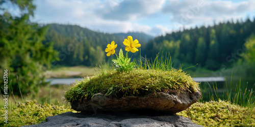 vibrant scene featuring yellow flowers growing on moss covered rock, surrounded by lush greenery and serene landscape. natural beauty evokes sense of tranquility and harmony photo