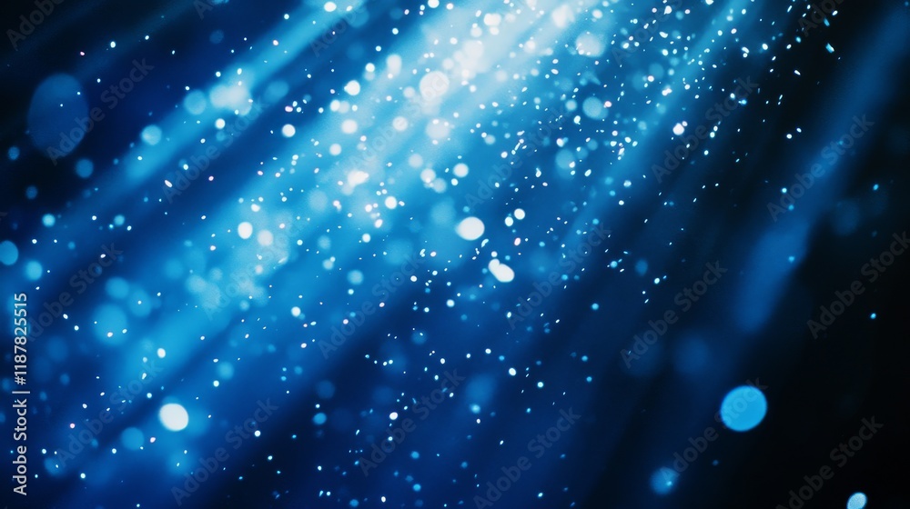 Fototapeta premium intersecting spotlight beams, azure bokeh orbs, midnight blue backdrop, magical light particles, glowing stage ambiance, atmospheric haze, concert venue lighting, dramatic dark environment