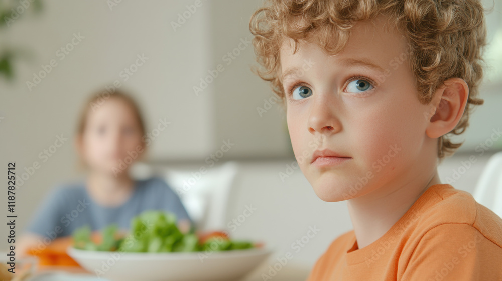 A young boy with curly hair looks thoughtfully at the camera, while another child is blurred in the background at a dining table. A young boy with curly hair looks thoughtfully at the camera, while another child is blurred in the background at a dining table.