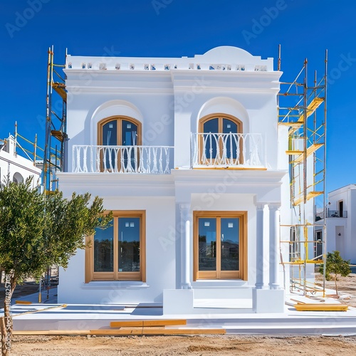 A modern white house stands tall against the blue sky, its sleek architecture blending elegance and simplicity, creating a peaceful and inviting home