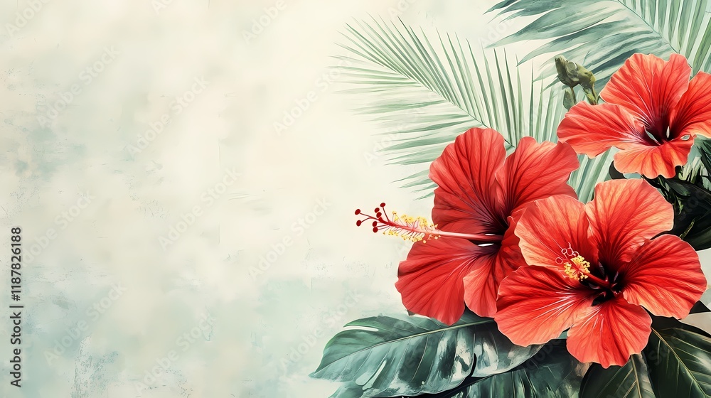 Naklejka premium Lush Tropical Hibiscus Flowers with Vibrant Red Petals Against a Soft Background of Greenery and Delicate Palm Leaves for Nature and Garden Themes