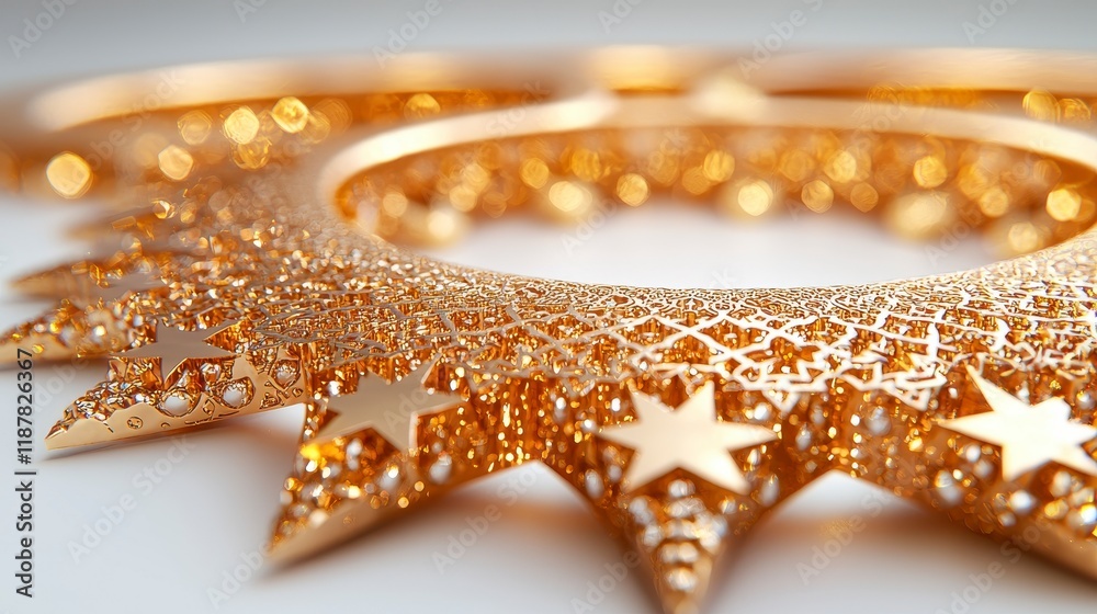 Close-up of three ornate gold rings with star accents. Close-up of three ornate gold rings with star accents.