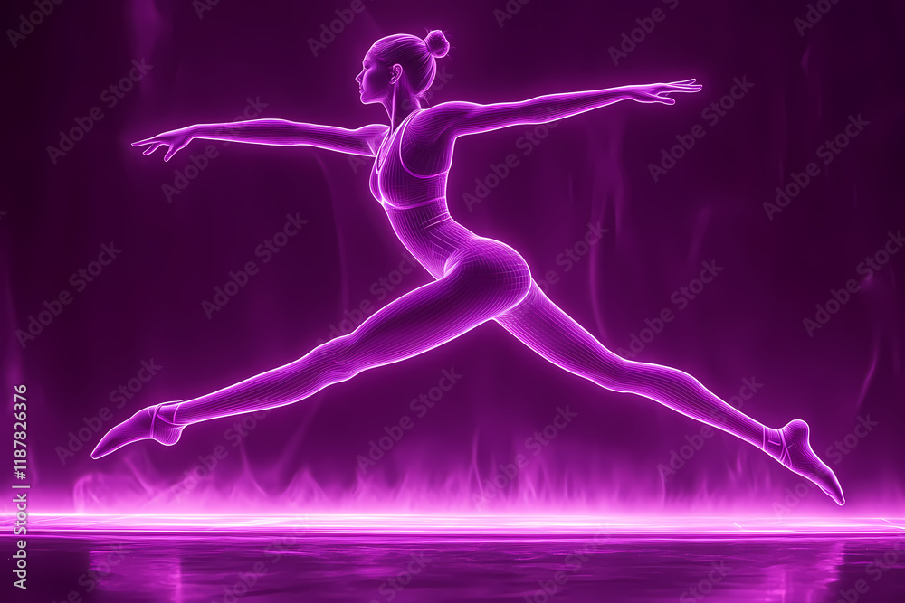 A glowing digital gymnast performing on a futuristic balance beam, symbolizing grace and technical perfection A glowing digital gymnast performing on a futuristic balance beam, symbolizing grace and technical perfection