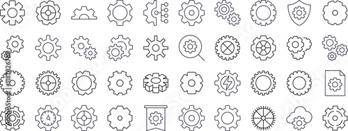 Gear and Cogwheel Line Icon Set. Outline Signs for Graphic and Web Design, Apps, Adverts, Various Cards