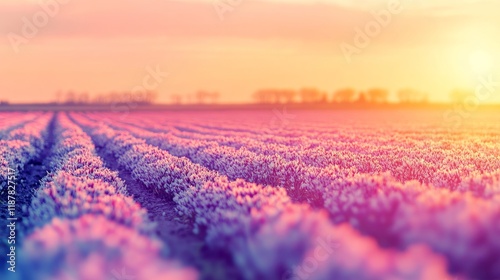 Vibrant lavender field at sunset with glowing horizon photo